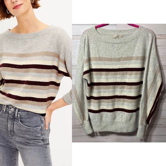 LOFT Gray Striped Crewneck Sweater Size S Cozy Minimalist Fall Knit Neutral - Picture 2 of 14